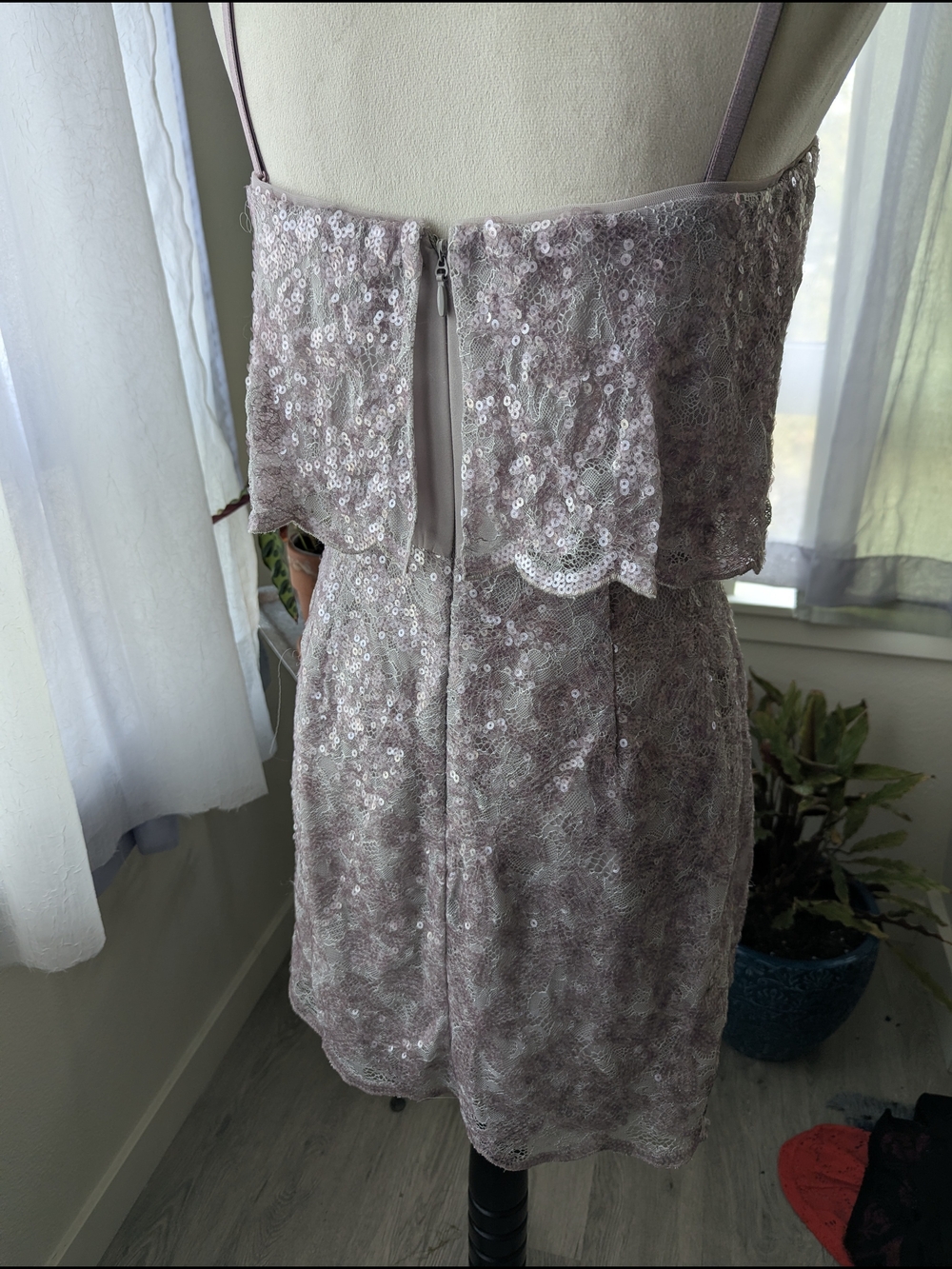 BCBGMaxAzria Smoky Lavender Lace & Sequin Off-Shoulder Mini Dress - Picture 3 of 8